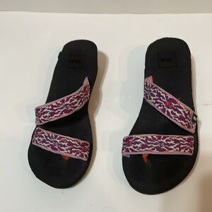 Teva Sandals, Size 7, Pink And Purple Pattern Straps, Heal Approximately 1.75”